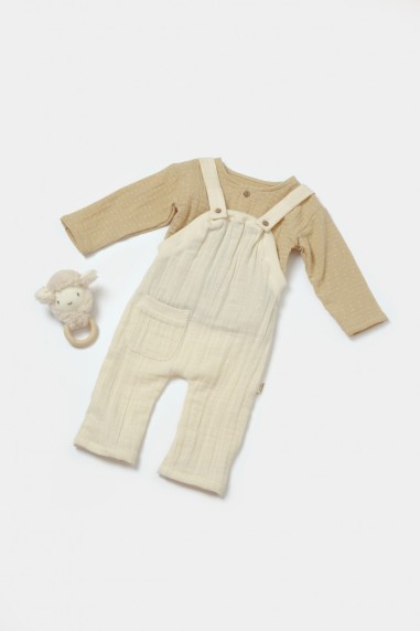 Set bluza si salopeta, Winter muselin, 100% bumbac - Stone, BabyCosy (Marime: 12-18 Luni)