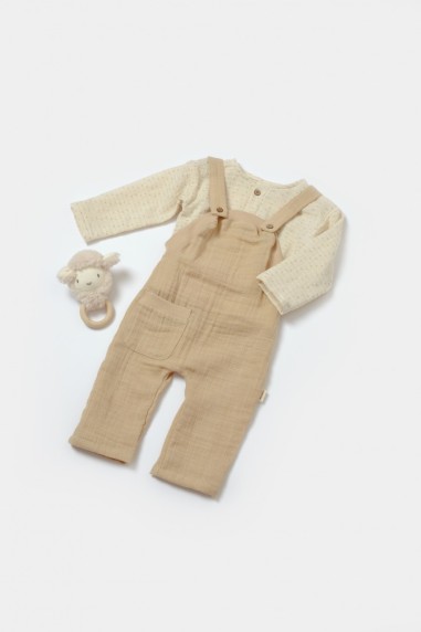 Set bluza si salopeta, Winter muselin, 100% bumbac - Apricot, BabyCosy (Marime: 6-9 luni)