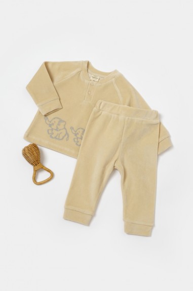 Set bluzita si pantaloni Elefant, 80%bumbac organic si 20% poliester - Stone, BabyCosy (Marime: 6-9 luni)