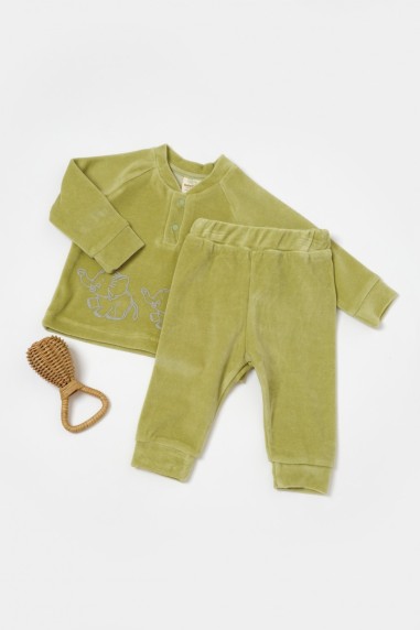 Set bluzita si pantaloni Elefant, 80%bumbac organic si 20% poliester - Verde, BabyCosy (Marime: 18-24 Luni)