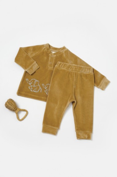 Set bluzita si pantaloni Elefant, 80%bumbac organic si 20% poliester - Mustar, BabyCosy (Marime: 3-6 Luni)