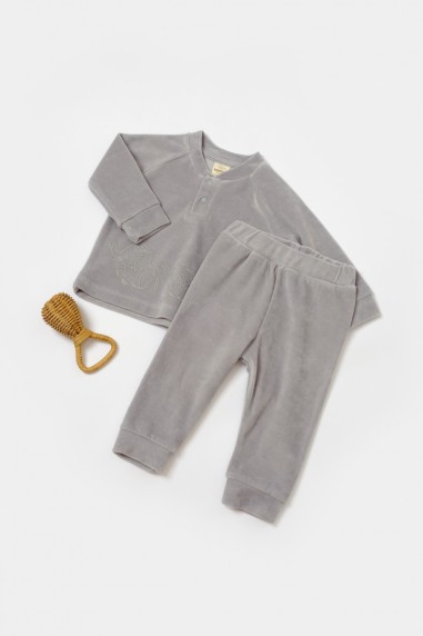 Set bluzita si pantaloni Elefant, 80%bumbac organic si 20% poliester - Gri, BabyCosy (Marime: 6-9 luni)