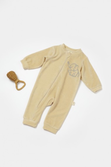 Salopeta Elefant cu maneca lunga din 80%bumbac organic si 20% poliester - Stone, BabyCosy (Marime: 12-18 Luni)