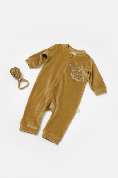 Salopeta Elefant cu maneca lunga din 80%bumbac organic si 20% poliester - Mustar, BabyCosy (Marime: 9-12 luni)