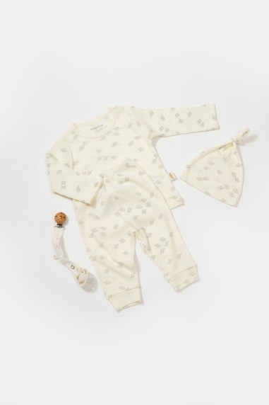 Set 3 piese:bluza, pantaloni si caciulita Printed, BabyCosy, 50% modal+50% bumbac, Ecru (Marime: 6-9 luni)