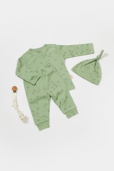 Set 3 piese:bluza, pantaloni si caciulita Printed, BabyCosy, 50% modal+50% bumbac, Verde (Marime: 6-9 luni)