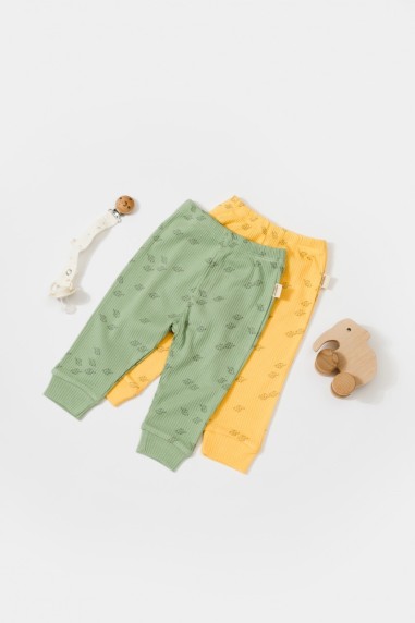 Set 2 pantalonasi Printed, BabyCosy, 50% modal+50% bumbac, Verde/Lamaie (Marime: 9-12 luni)