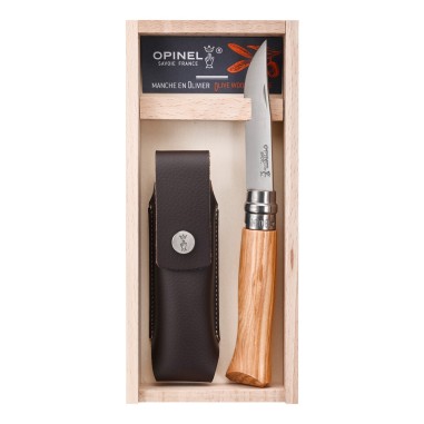 Cutit de buzunar N°08, cu teaca, inox, 8,5 cm, "Tradition Luxe", Olive - Opinel