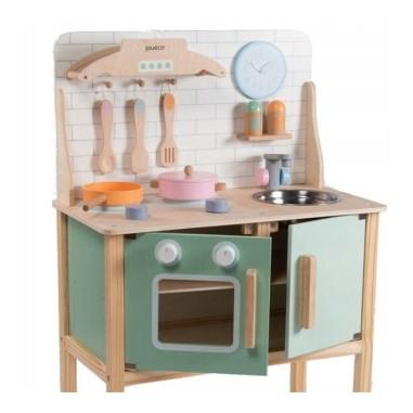 Joueco - Bucatarie lemn certificat FSC, Cu accesorii, Reglabila pe inaltime, 86x56 cm, 3 ani+, Multicolor Joueco - produs de cal