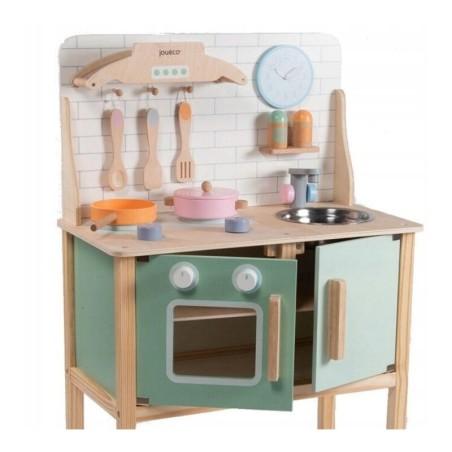 Joueco - Bucatarie lemn certificat FSC, Cu accesorii, Reglabila pe inaltime, 86x56 cm, 3 ani+, Multicolor Joueco - produs de cal