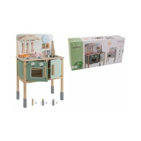 Joueco - Bucatarie lemn certificat FSC, Cu accesorii, Reglabila pe inaltime, 86x56 cm, 3 ani+, Multicolor Joueco - produs de cal