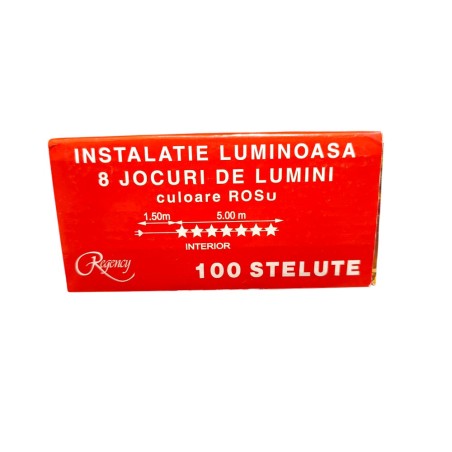 Instalatie de Craciun, 5 metri, sirag luminos cu 8 jocuri de lumini, 100 de beculete stelute rosii