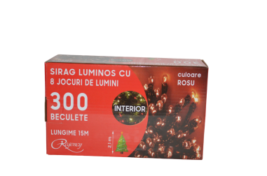 Instalatie de Craciun, sirag luminos cu 8 jocuri de lumini, 300 de LED-uri rosii, 15 m