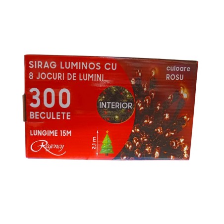 Instalatie de Craciun, 15 metri, sirag luminos cu 8 jocuri de lumini, 300 de LED-uri rosii