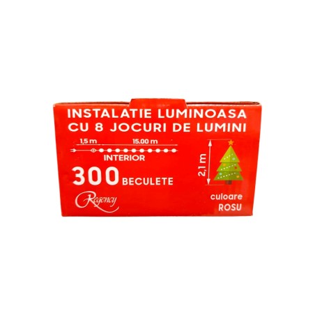 Instalatie de Craciun, 15 metri, sirag luminos cu 8 jocuri de lumini, 300 de LED-uri rosii