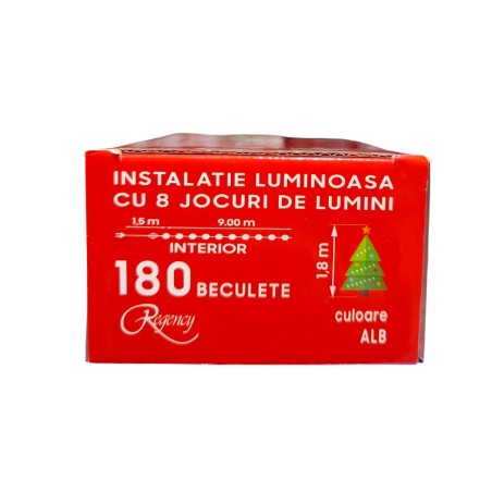 Instalatie de Craciun, 9 metri, sirag luminos cu 8 jocuri de lumini, 180 de leduri albe