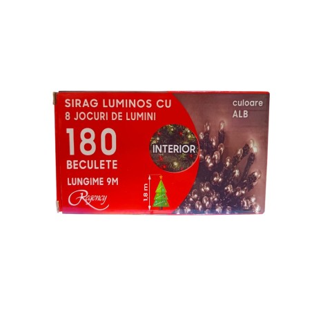 Instalatie de Craciun, 9 metri, sirag luminos cu 8 jocuri de lumini, 180 de leduri albe