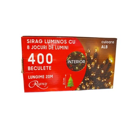 Instalatie de Craciun, 20 metri, sirag luminos cu 8 jocuri de lumini, 400 de LED-uri alb