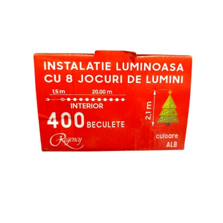 Instalatie de Craciun, 20 metri, sirag luminos cu 8 jocuri de lumini, 400 de LED-uri alb
