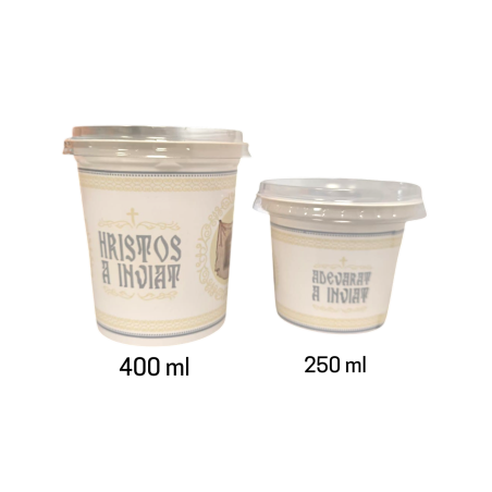 Set 100 buc, pahare de Pasti, 250 ml, cu Hristos a Inviat, din plastic, cu capac, model icoana