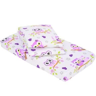 Lenjerie patut 2 piese, Cu protectie laterale, Cearceaf, bumbac, patut 90x50 cm, Bufnite Mov BabyNeeds - produs de calitate si i