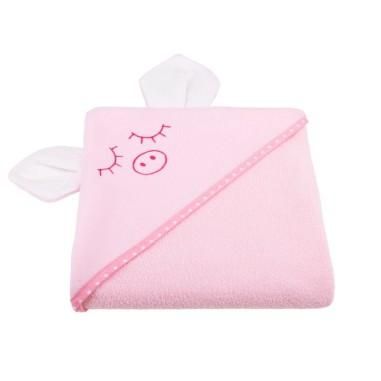 Qmini - Prosop cu gluga cu urechi, bumbac, mare 80x80 cm, Pink Piggy Qmini - produs de calitate si ieftin