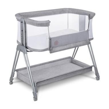 Patut co-sleeper Luna, 2 in 1, laterala culisanta, Cu setare unghiulara, Cu roti, Reglabil in 6 pozitii pe inaltime, Gri deschis