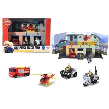 Pista de masini Dickie Toys Fireman Sam, Sam Fire Rescue Team cu 3 masinute, 1 elicopter