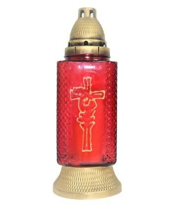 Candela de sticla, rosie si cu capac auriu, model Cruce 294 - OEM produs de vanzare-poza- 1
