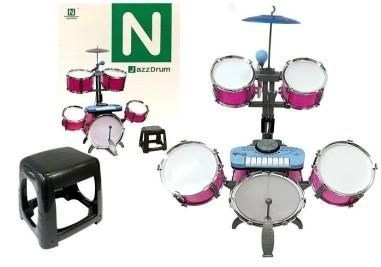 Set de tobe muzicale de jucarie pentru copii, cu scaunel, microfon si mixer, roz, LeanToys, 4835