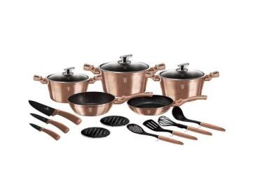 Set oale si tigai marmorate (17 piese) din aluminiu forjat Rose Gold (Cupru) Metallic Line Berlinger Haus BH 6161