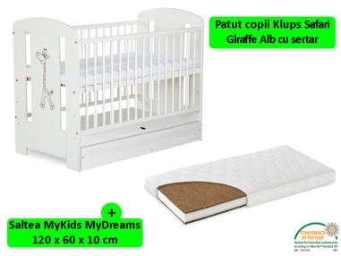 idei si jucarii calitative pentru copii, baieti si fete Patut Cu Sertar Klups Safari Giraffe Alb + Saltea 10 MyKids MyDreams II 