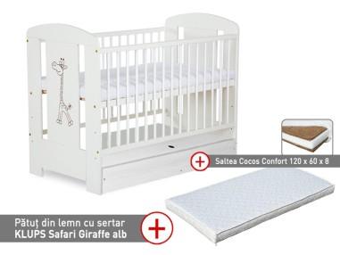 idei si jucarii calitative pentru copii, baieti si fete Patut cu sertar KLUPS Safari Giraffe Alb + Saltea 8 Confort II KLUPS 