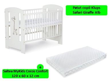 idei si jucarii calitative pentru copii, baieti si fete Patut Klups Safari Giraffe Alb + Saltea 12 Confort II KLUPS 