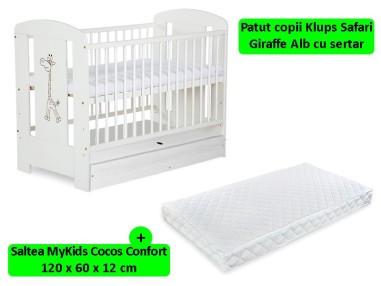 idei si jucarii calitative pentru copii, baieti si fete Patut Cu Sertar Klups Safari Giraffe Alb + Saltea 12 MyKids KLUPS 