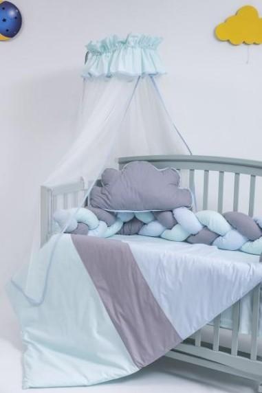 idei si jucarii calitative pentru copii, baieti si fete Lenjerie MyKids 8 piese Gray-Blue cu baldachin 120x60 cm MyKids 