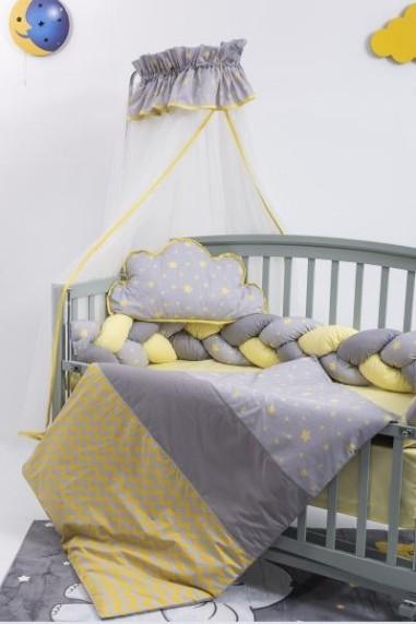 idei si jucarii calitative pentru copii, baieti si fete Lenjerie MyKids 8 piese Gray-Yellow cu baldachin 120x60 cm MyKids 