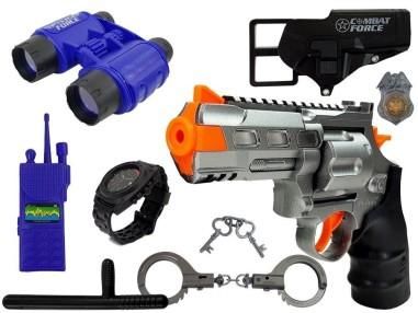 Set de joaca pentru copii, pistol cu catuse, binoclu si diverse accesorii de politie, LeanToys, 7864