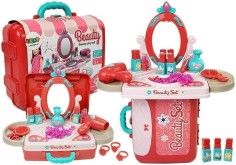 Set de frumuseste cu accesorii, masa de toaleta pentru fetite intr-o servieta rosie, LeanToys, 7374