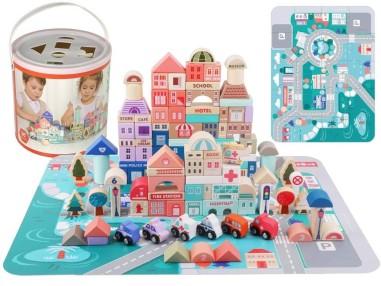 cu toate accesoriile Set oras tip puzzle, din lemn pentru copii, blocuri cu numere si litere, 115 buc, LeanToys, 9831