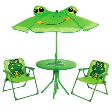 Set mobilier gradina/terasa pentru copii, pliabil, verde,�model brosca, 1 masa cu umbrela, 2 scaune, Melisenda