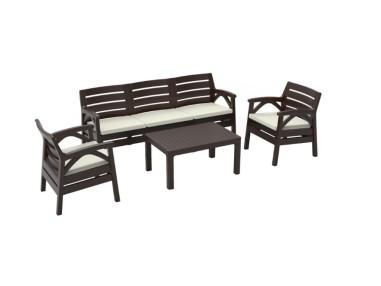 Set mobilier pentru gradina sau terasa, 5 persoane, maro, 1 masa, 2 scaune, 1 canapea cu 3 locuri