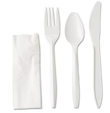 Set 100 tacamuri de unica folosinta din plastic, furculita, cutit, lingura, servetel alb GimiHome - produs de calitate si ieftin