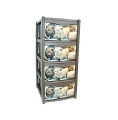 Dulap gri pentru depozitare, din plastic, 4 sertare, model cu pisicute