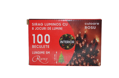 Instalatie de Craciun, sirag luminos cu 8 jocuri de lumini, 100 de beculete rosii, 1,5 m