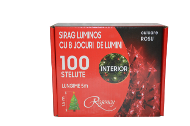 Instalatie de Craciun, sirag luminos cu 8 jocuri de lumini, 100 de beculete stelute rosii, 1,5 m