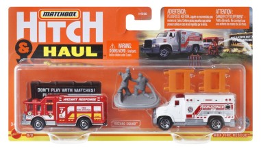 MATCHBOX HITCH&HAUL SET 2 VEHICULE MBX FIRE RESCUE HAZARD SQUAD MBX AMBULANCE SCARA 1:64