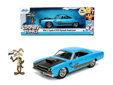 LOONEY TUNES ROAD RUNNER SET MASINUTA METALICA 1970 PLYMOUTH SCARA 1:24 SI FIGURINA WILE E COYOTE