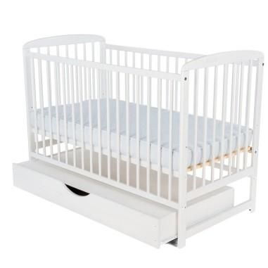 Patut lemn Ola 120x60 cm, sertar, lemn, rezistent, saltea reglabila 3 nivele, Laterala, Alb BabyNeeds - produs de calitate si ie