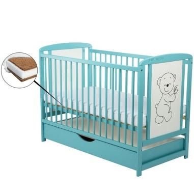 Patut lemn Timmi 120x60 cm, sertar, lemn, rezistent, saltea reglabila 3 nivele, Laterala, Mint + Saltea 10 cm BabyNeeds - produs